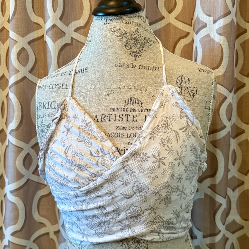 illa illa crop top blouse cream & brown halter top S Small wood beads ruffles